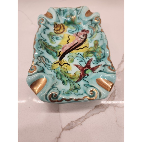Vintage‎ Cerart Monaco Fish Ashtray Hand Painted Seascape Seashells Gold Accents - Picture 4 of 9
